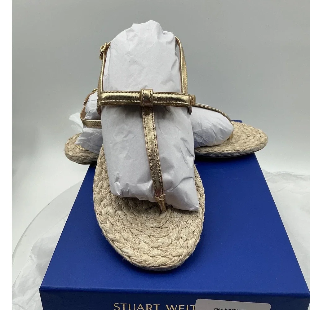 Stuart Weitzman Felicity Gold Metallic Leather Bow Espadrille‎ Sandals size 6